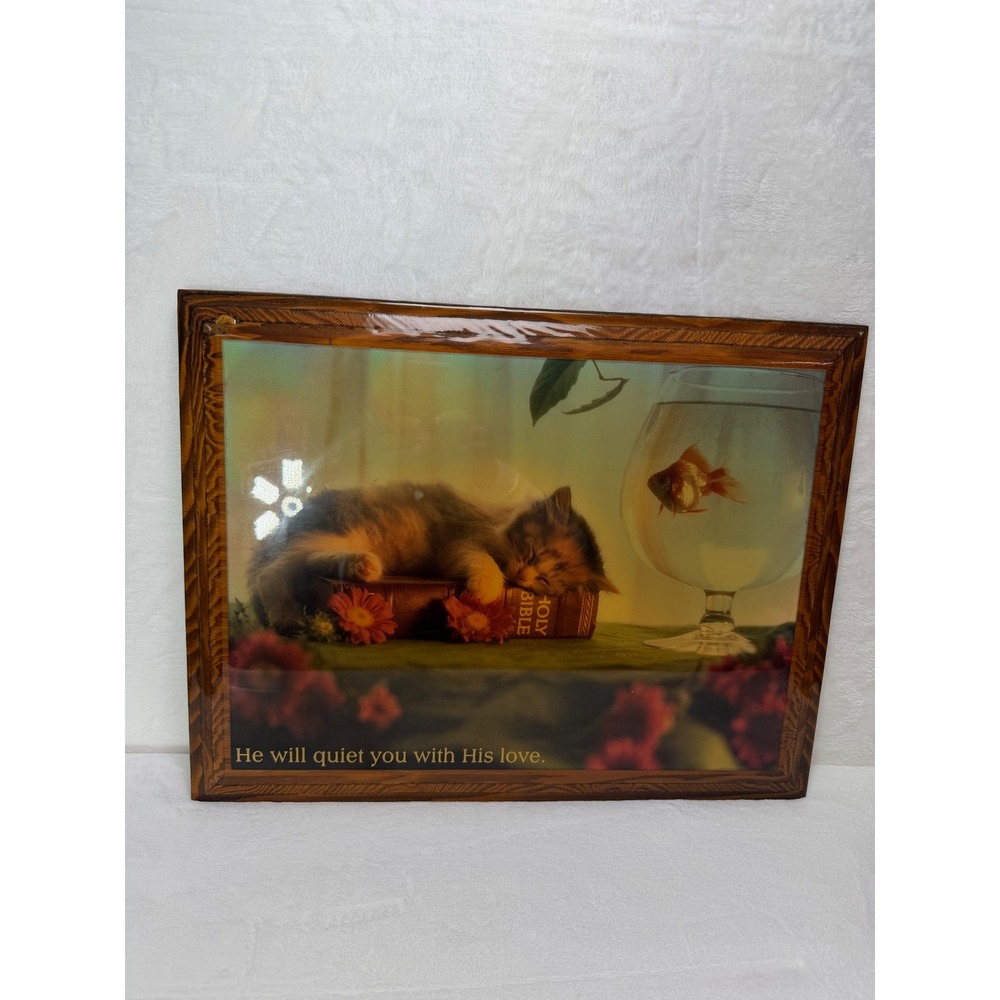 VTG Andy Anderson Handcrafted Wood Resin Plaque Kitten Bible Religious Art